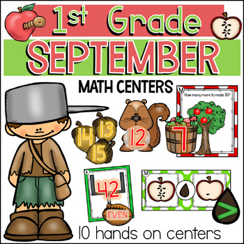 Preview of 1st Grade September Math Centers Stations Task Cards - Monthly Centers