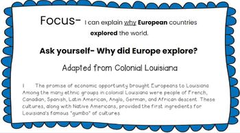 Preview of 1st Grade Social Studies Louisiana- Explorers, Colonization of LA, Acadians