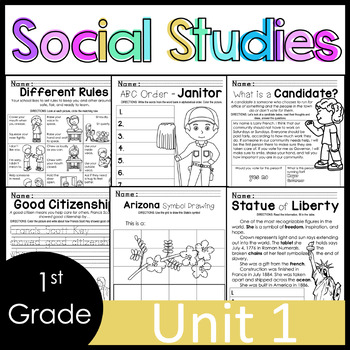 Preview of 1st Grade - Social Studies - Unit 1 - Rules, Laws, Community, Government, more