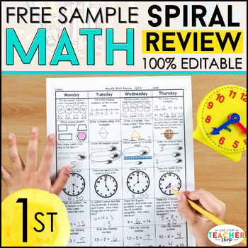 Preview of 1st Grade Spiral Math Spiral Review & Quizzes | 1st Grade Math Homework | FREE