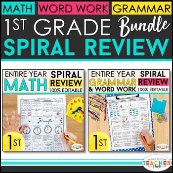 Preview of 1st Grade Spiral Review & Quizzes BUNDLE | Math & Language Arts