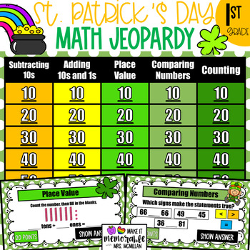 Preview of 1st Grade St. Patrick's Day Math Jeopardy Review Game [EDITABLE]