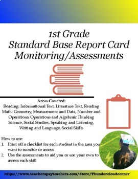 Preview of 1st Grade Standard Based Grading Report Card Monitoring/Assessments: 12 Areas