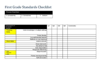 Preview of 1st Grade Standard's Based Checklist (Common Core)