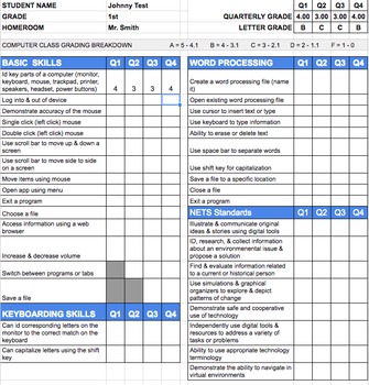 Preview of 1st Grade Standards Based Technology Report Card