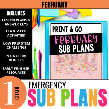 Preview of 1st Grade Sub Plans: February Emergency Substitute Plans & Activities