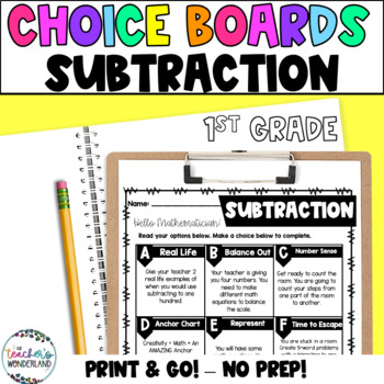 Preview of 1st Grade- Subtraction Math Menus - Choice Boards and Activities