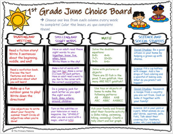 Preview of 1st Grade Summer Choice Board (June)