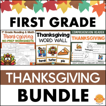 Preview of 1st Grade THANKSGIVING Addition Worksheets Vocabulary Activities Reader Booklet