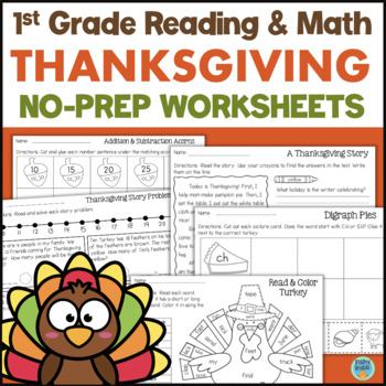 Preview of THANKSGIVING Reading & Math Activities FIRST GRADE No Prep Printables Packet