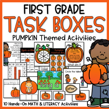 Preview of 1st Grade Task Boxes | Math & Literacy Activities | Pumpkin