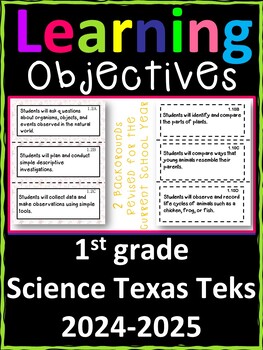 Preview of 1st Grade Texas TEKS Science Learning Objectives Cards | Color & B&W