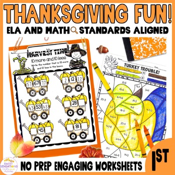 Preview of 1st Grade Thanksgiving ELA and Math Fun Worksheets Puzzles and Word Searches