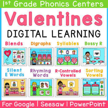 Preview of 1st Grade Valentine's Day Digital ELA Centers | Seesaw | Google | PowerPoint