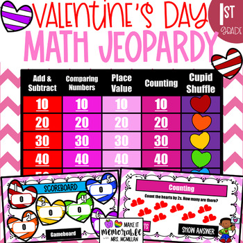 Preview of 1st Grade Valentine's Day Math Jeopardy Review Game [EDITABLE]