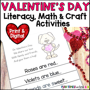Preview of 1st Grade Valentine's Day Math & Literacy Centers, Party Activities & Craft