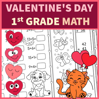 Preview of Valentine's Day Math Worksheets First Grade No Prep Printables