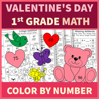 Preview of 1st Grade Valentines Day Math | Color by Number