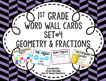 Preview of 1st Grade Vocabulary Word Wall Cards Set 4: Geometry & Fractions TEKS
