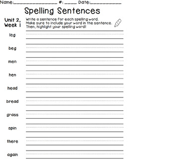 1st Grade WONDERS aligned Spelling Sentences Worksheets UNIT 2 | TpT