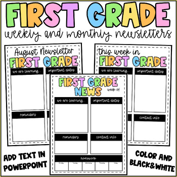 Preview of 1st Grade Weekly and Monthly Editable Newsletter Template - Colorful First Grade