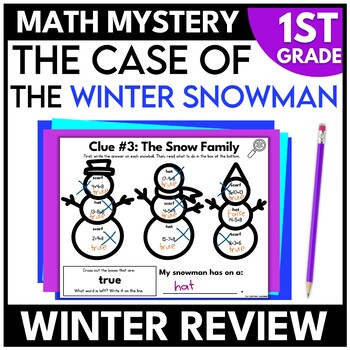 Preview of 1st Grade Winter Math Mystery Snowman Escape Room Snow Day Activities First
