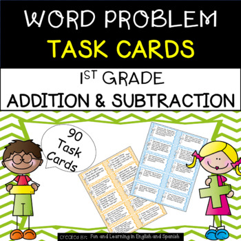 Preview of 1st Grade Word Problem Task Cards (+ and -) w/ Digital Option -Distance Learning