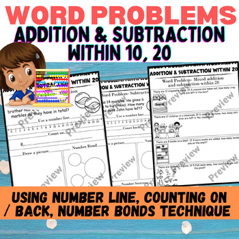 Preview of 1st Grade Word Problems Math Worksheets / Addition & Subtraction within 10, 20