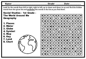 1st Grade Year Long Social Studies Vocabulary, Word Search Worksheets