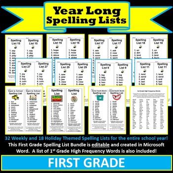 Preview of 1st Grade Year Long Weekly Spelling Lists (Editable)
