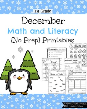 Preview of 1st Grade math and Literacy Printables - December {No Prep}