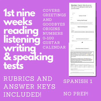 Preview of 1st Nine Weeks Reading, Listening, Writing, and Speaking Tests (Spanish 1)