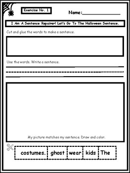 Preview of 1st Sentence Building Reading Writing Sign Words Halloween Worksheet-Freebies