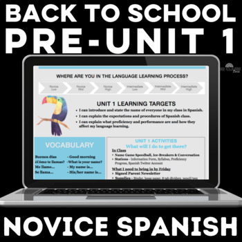 Preview of 1st Week of Spanish Class Proficiency Pre Unit 1 Outline for Back to School