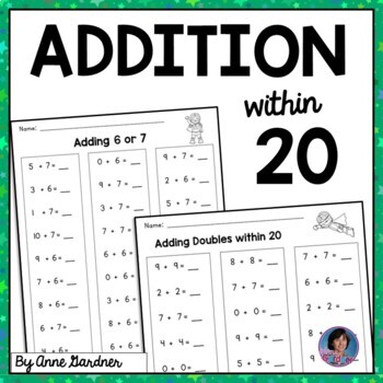 Preview of Addition Fact Fluency Practice Worksheets to within 20: 1st Grade Math Homework