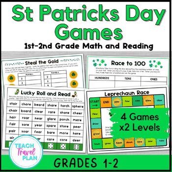 Preview of 1st and 2nd Grade St Patricks Day Games - Math Games - Reading Games