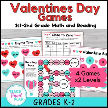 Preview of 1st and 2nd Grade Valentines Day Games - Math Games - Reading Games
