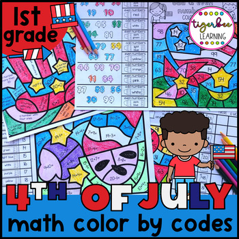 Preview of 4th of July math color by codes | First grade math worksheets