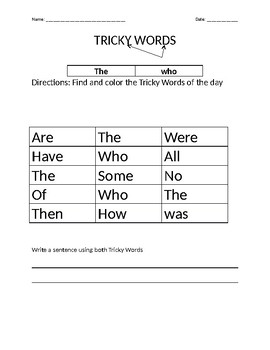 Preview of 1st grade ELA week 3 Tricky Words Worksheet