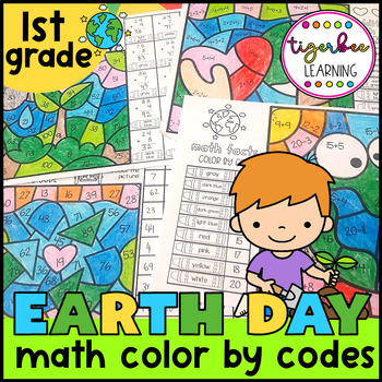 Preview of Earth Day math color by codes | First grade math worksheets