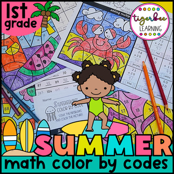 Preview of Summer math color by codes | First grade end of year review worksheets