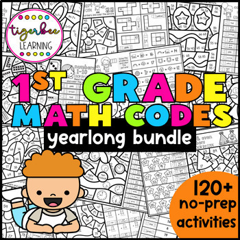 Preview of First grade math color by codes yearlong growing bundle