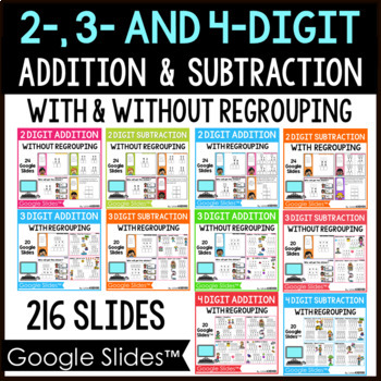 Preview of 2, 3, 4 Digit Addition & Subtraction With and Without Regrouping Google Slides™