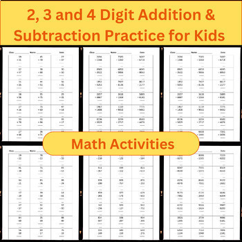 Preview of 2, 3 and 4 Digit Addition & Subtraction Practice Worksheets For Kids - Bundle