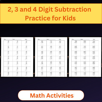 Preview of 2, 3 and 4 Digit Subtraction Practice Worksheets For Kids - Bundle