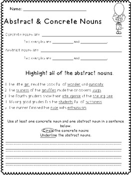 abstract nouns paragraph worksheet