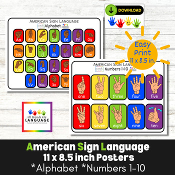 Preview of 2 American Sign Language 8.5 x 11 Posters, ASL Alphabet and Numbers 1-10