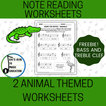 Preview of 2 Animal Themed Note Reading Worksheets - Bass and Treble Clef - FREEBIE!