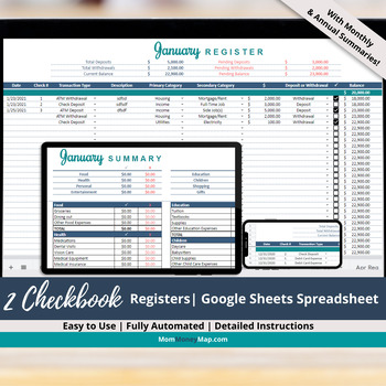 Preview of 2 Checkbook Registers Google Sheets Spreadsheet with Monthly & Annual Summaries
