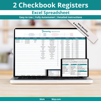 Preview of 2 Checkbook Registers with Monthly and Annual Summaries Excel Spreadsheet